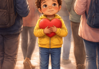 A hopeful boy with a red heart