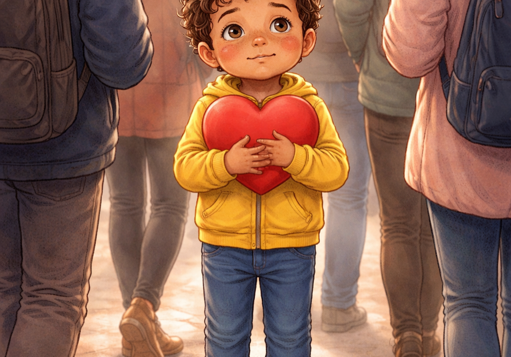 A hopeful boy with a red heart